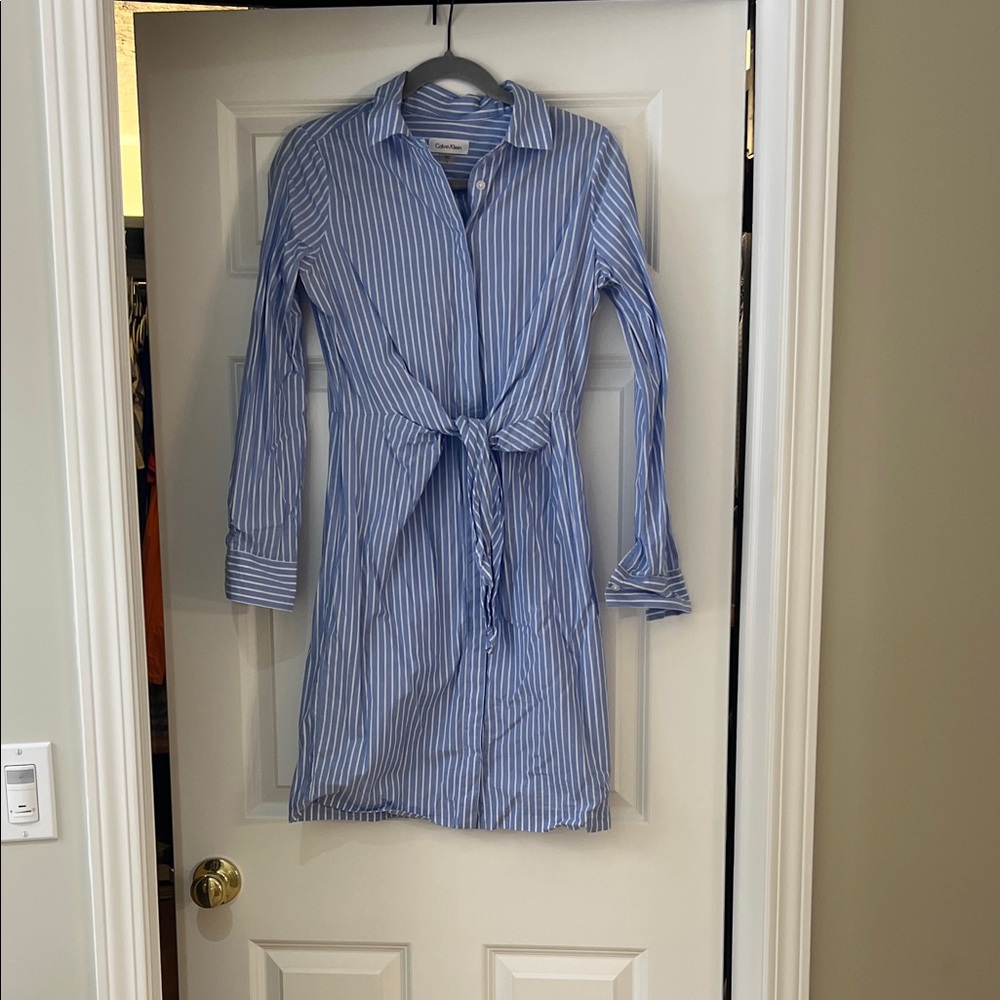 Calvin Klein Blue and White Striped Long Sleeve Dress